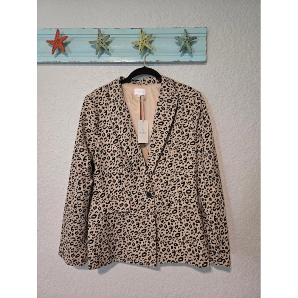 Entro Women Leopard Print Blazer Tan Black Animal Pattern Shoulder Pads NWT M